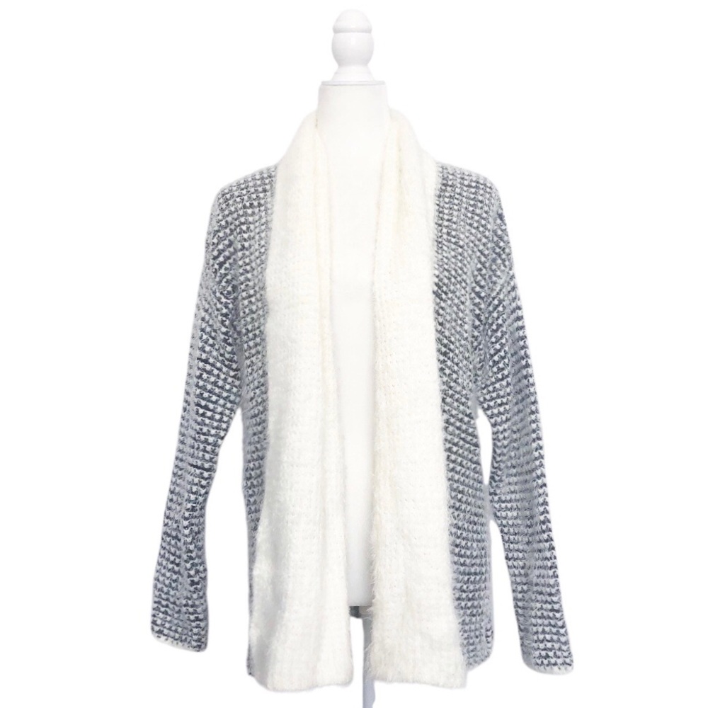 Billabong Fuzzy Eyelash Knit Open Front Cardigan Large Black Ivory